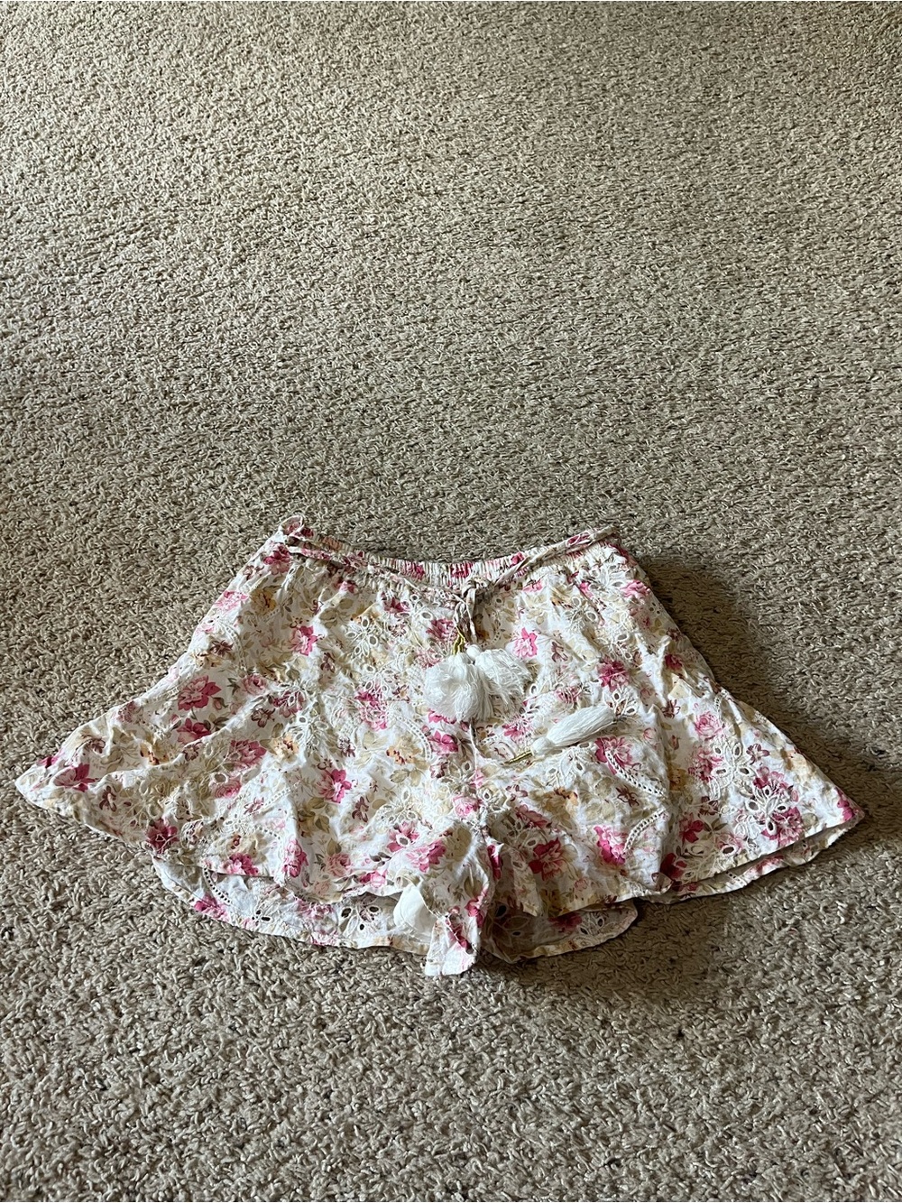 MINKPINK Cream Floral Lace Overlay Shorts with Pink Accents